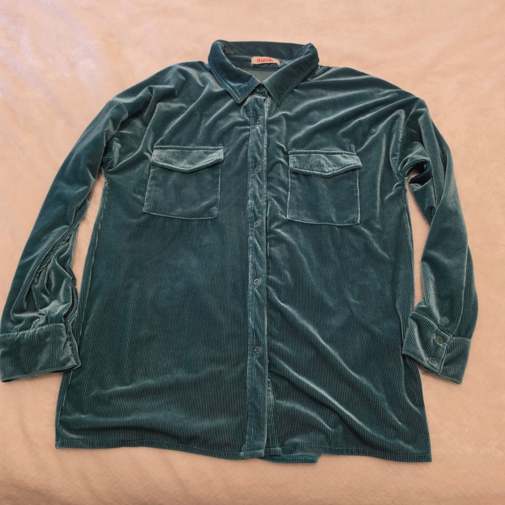 Mazik Button Up Shirt Womens L Teal Excellent Metallic Ribbed Liquid Shine Y2K